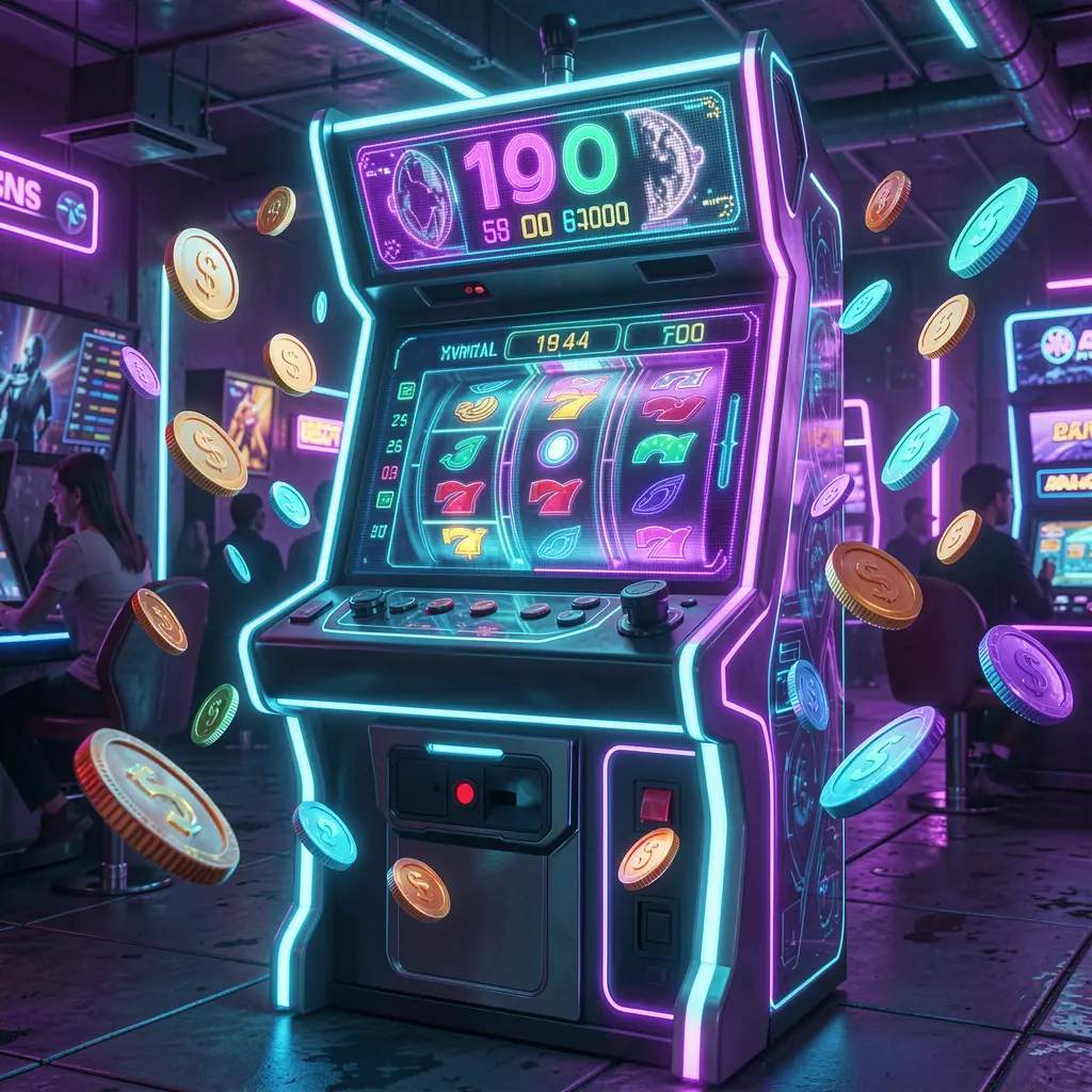 Futuristic casino slot machine with colorful reels and flying coins creating a high energy gaming atmosphere at ALTIXBLITZ online casino in the Philippines